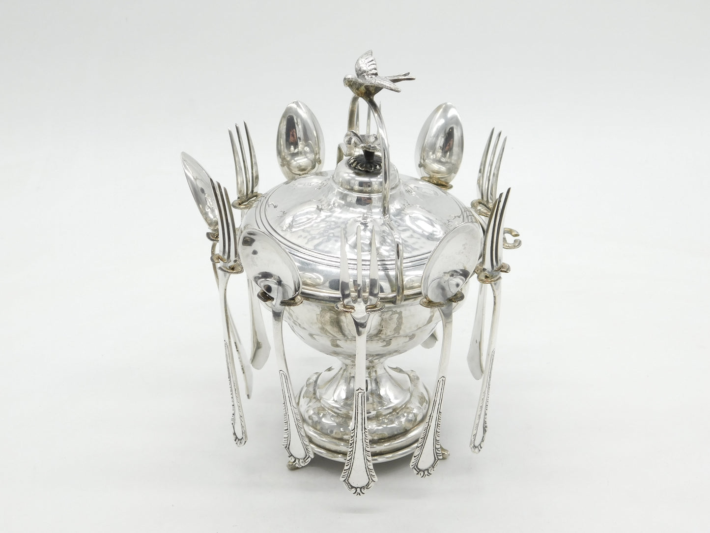 European .800 Silver Planished Caviar Sharing Set Antique c1920 Art Deco