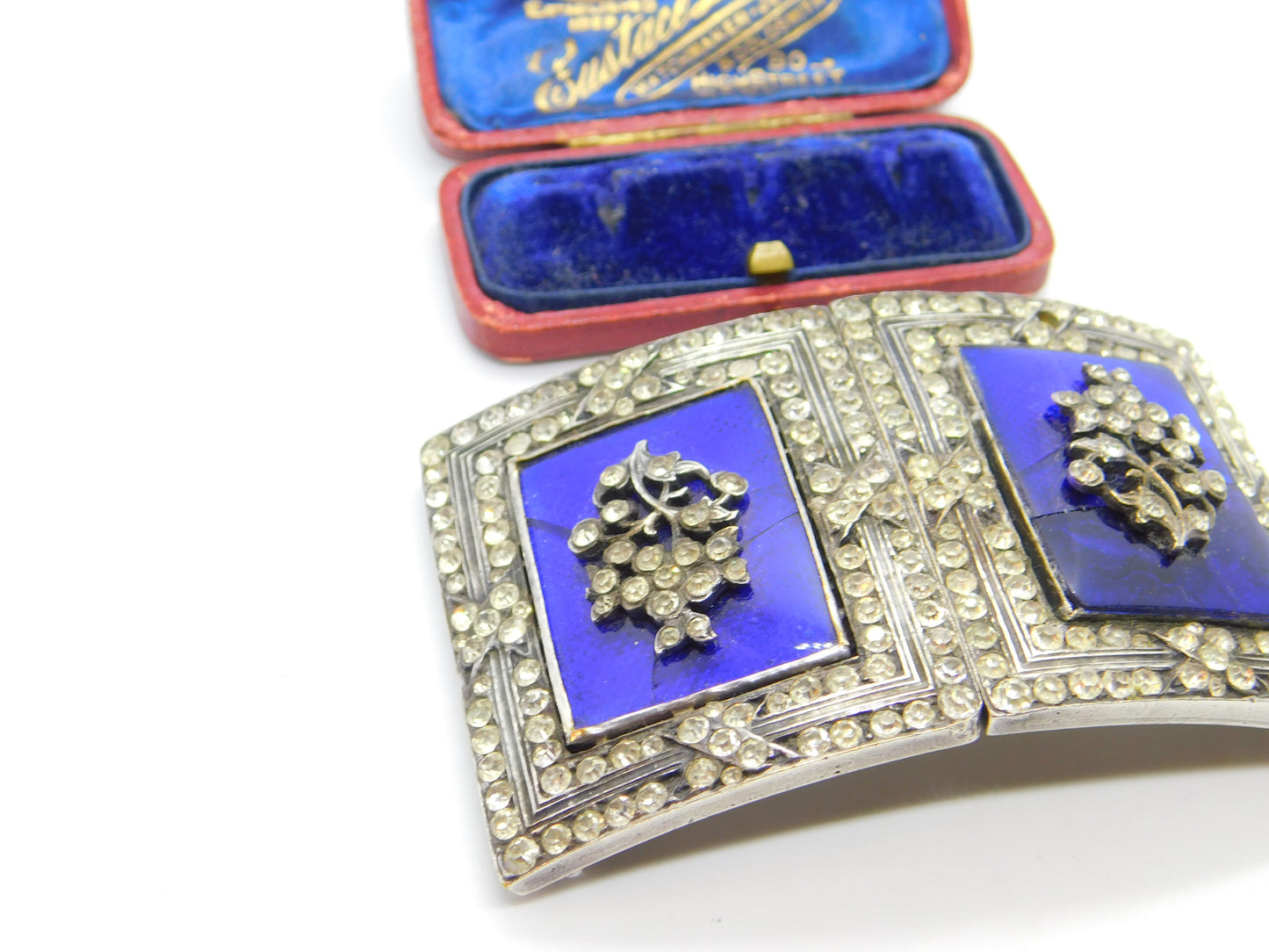 Early Victorian French Sterling Silver, Blue Enamel & Paste Floral Nurses Buckle