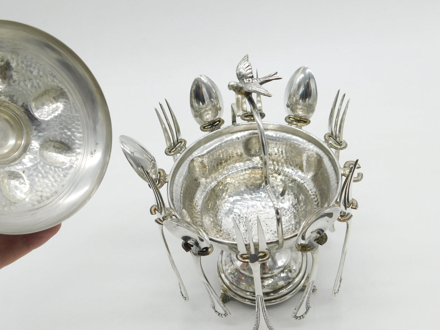 European .800 Silver Planished Caviar Sharing Set Antique c1920 Art Deco