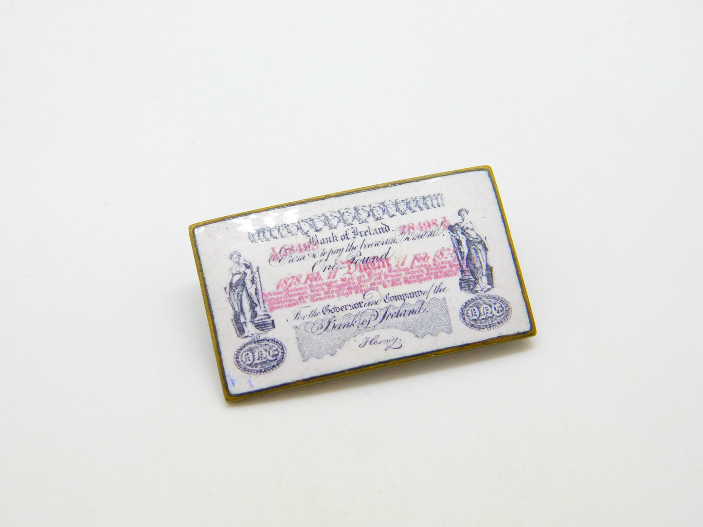 Victorian Metal & Enamel Bank of Ireland One Pound Note Brooch Antique 1878