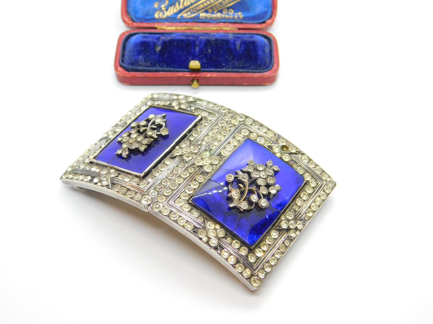 Early Victorian French Sterling Silver, Blue Enamel & Paste Floral Nurses Buckle