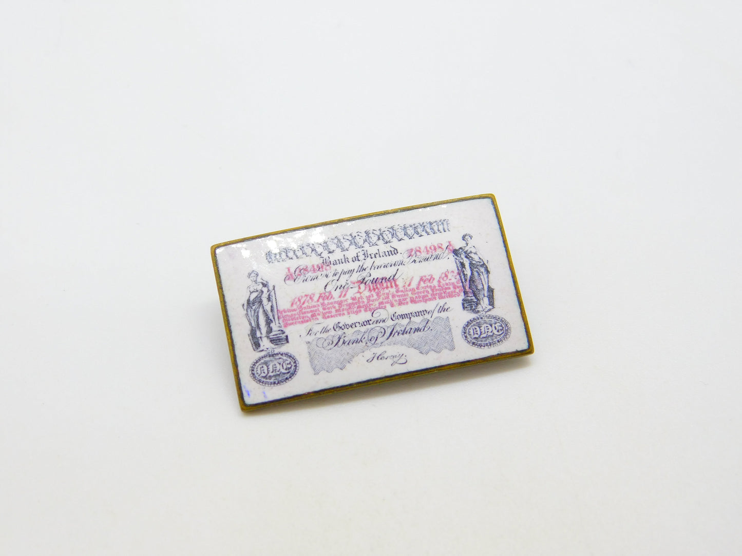 Victorian Metal & Enamel Bank of Ireland One Pound Note Brooch Antique 1878