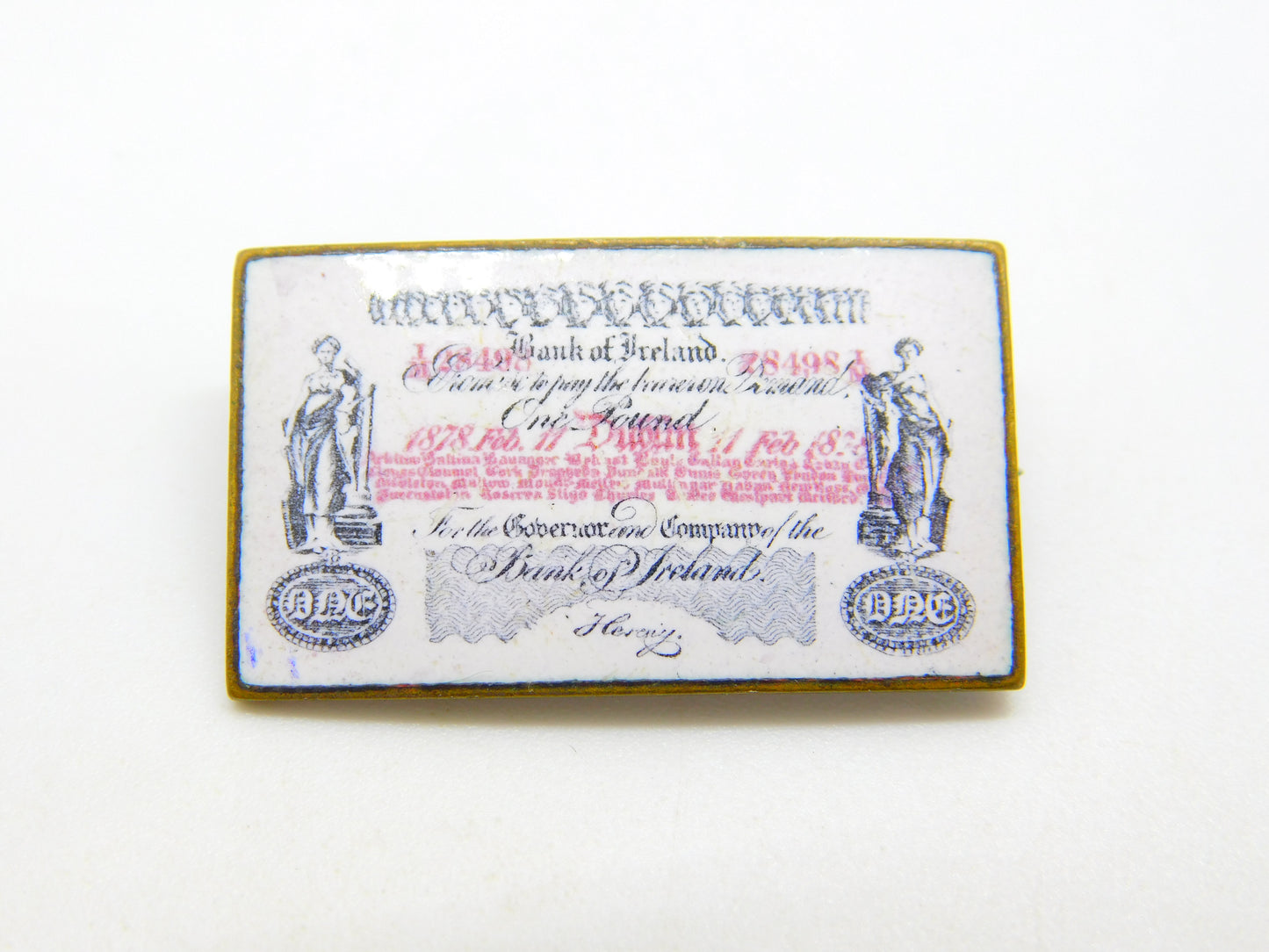 Victorian Metal & Enamel Bank of Ireland One Pound Note Brooch Antique 1878