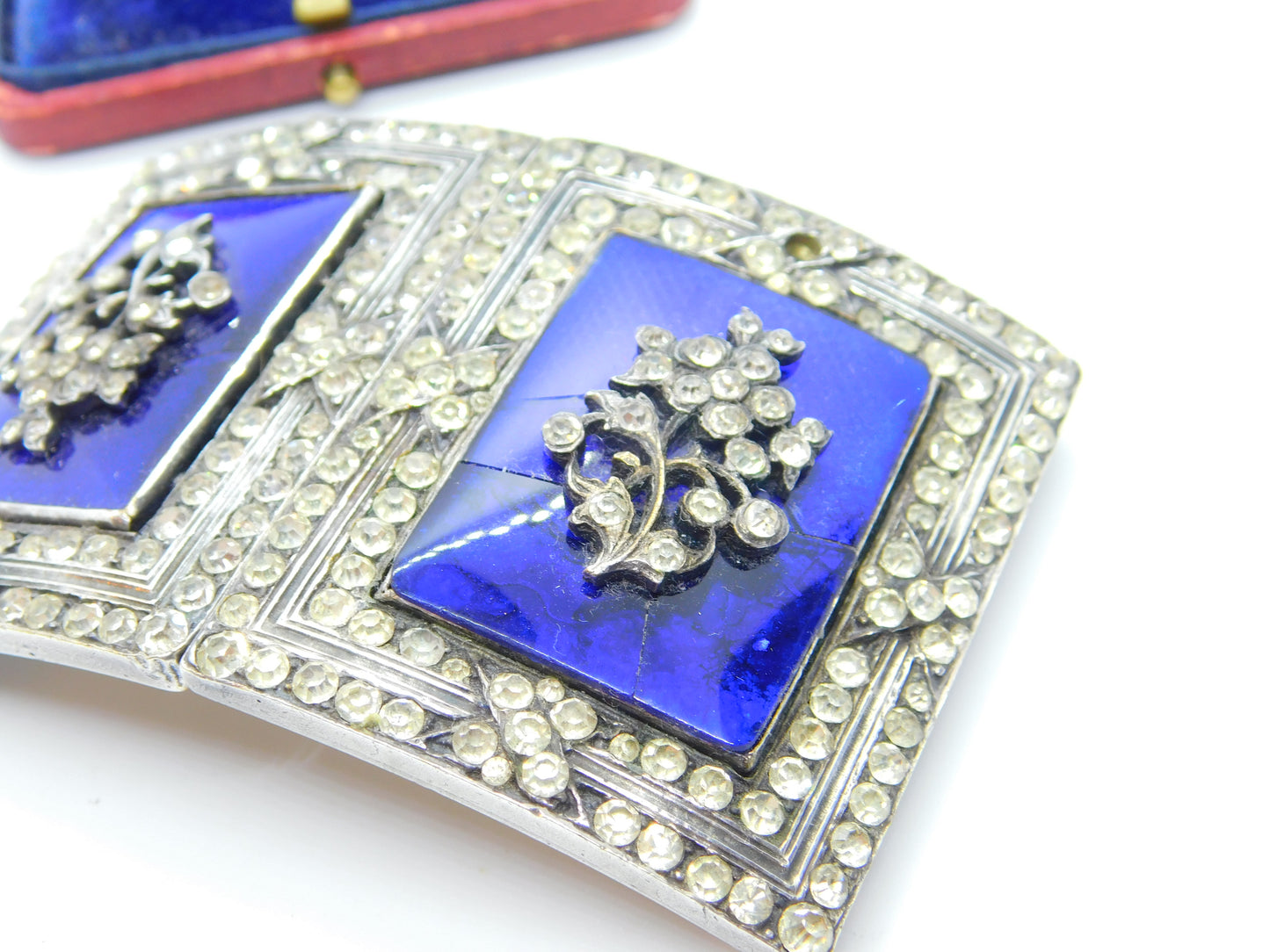 Early Victorian French Sterling Silver, Blue Enamel & Paste Floral Nurses Buckle