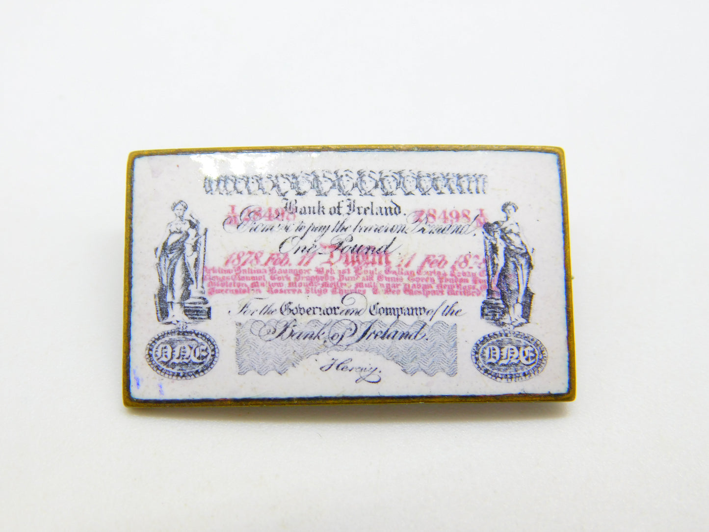 Victorian Metal & Enamel Bank of Ireland One Pound Note Brooch Antique 1878
