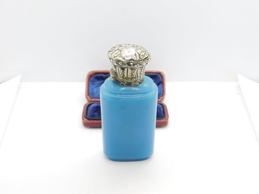 Victorian Sterling Silver Blue Vaseline Glass Scent Bottle Antique c1880 AF