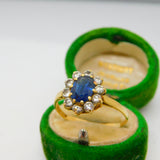 18ct Gold, 1ct Sapphire & Diamond Floral Cluster Ring Vintage 1969 London