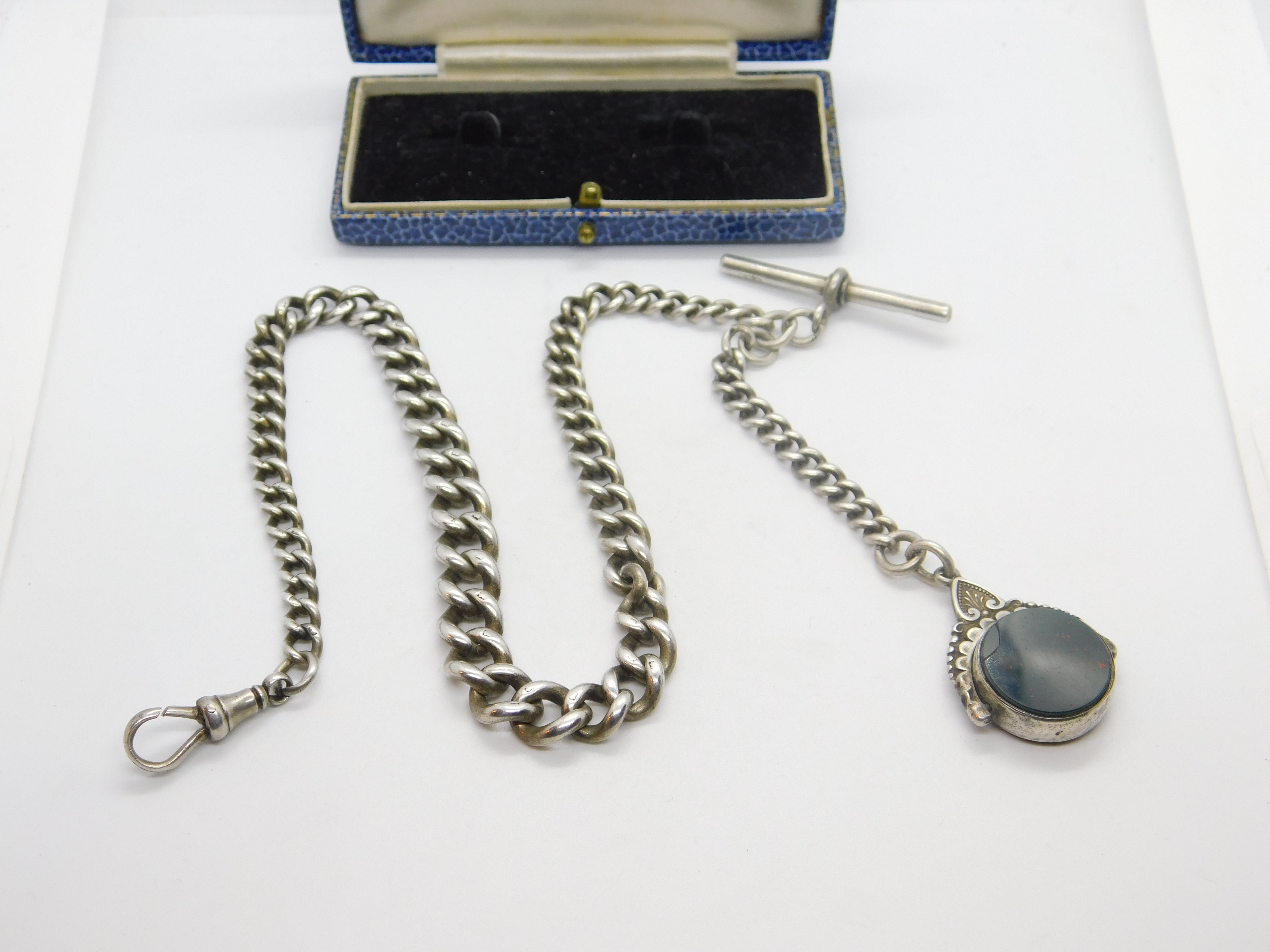 Edwardian Sterling Silver Graduating Albert Watch Chain with Spinner F ...