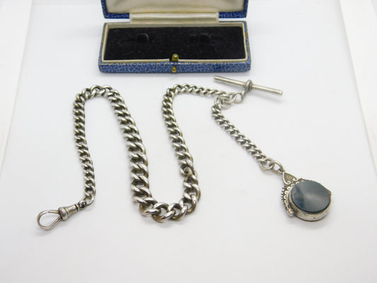 Edwardian Sterling Silver Graduating Albert Watch Chain with Spinner Fob 1909