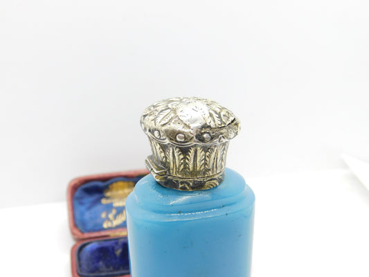 Victorian Sterling Silver Blue Vaseline Glass Scent Bottle Antique c1880 AF