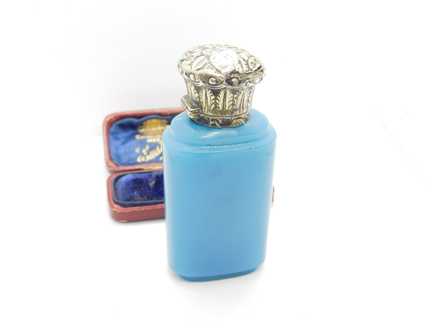 Victorian Sterling Silver Blue Vaseline Glass Scent Bottle Antique c1880 AF