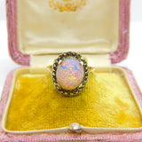 9ct Gold Cabochon Doublet Opal & Marcasite Dress Ring c1920 Antique Art Deco