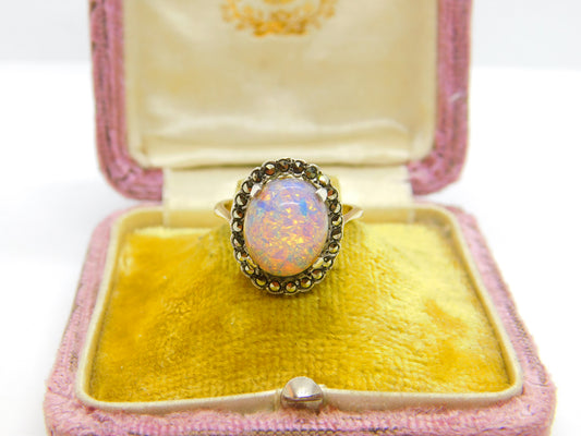 9ct Gold Cabochon Doublet Opal & Marcasite Dress Ring c1920 Antique Art Deco