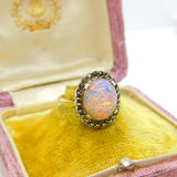 9ct Gold Cabochon Doublet Opal & Marcasite Dress Ring c1920 Antique Art Deco