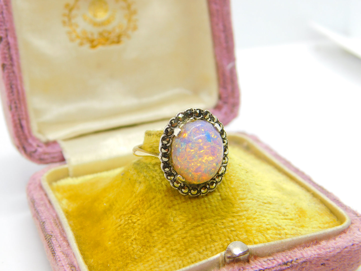 9ct Gold Cabochon Doublet Opal & Marcasite Dress Ring c1920 Antique Art Deco