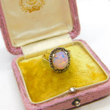 9ct Gold Cabochon Doublet Opal & Marcasite Dress Ring c1920 Antique Art Deco