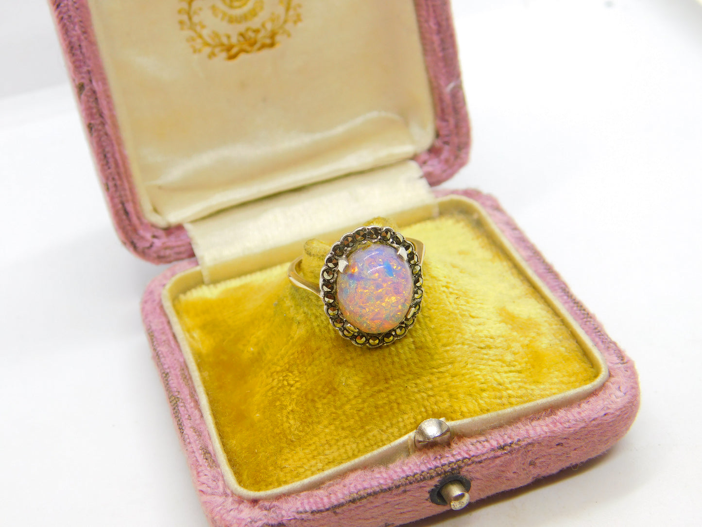 9ct Gold Cabochon Doublet Opal & Marcasite Dress Ring c1920 Antique Art Deco