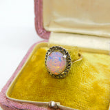 9ct Gold Cabochon Doublet Opal & Marcasite Dress Ring c1920 Antique Art Deco