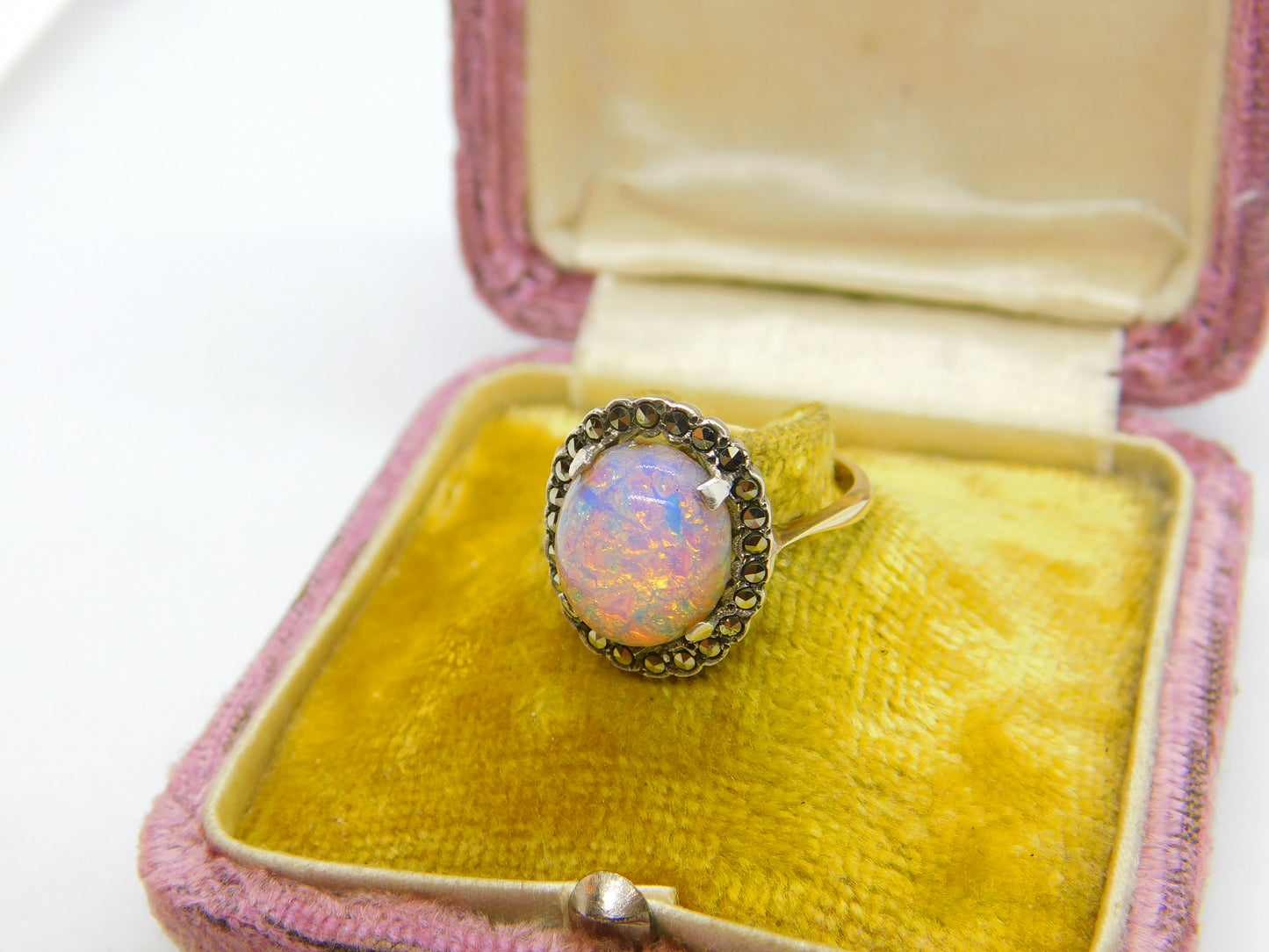 9ct Gold Cabochon Doublet Opal & Marcasite Dress Ring c1920 Antique Art Deco