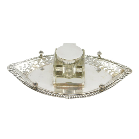 Edwardian Sterling Silver & Glass Floral Desk Inkwell & Stand Antique 1902
