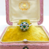 9ct Yellow Gold, Water Opal & Emerald Paste Set Floral Cluster Ring Antique