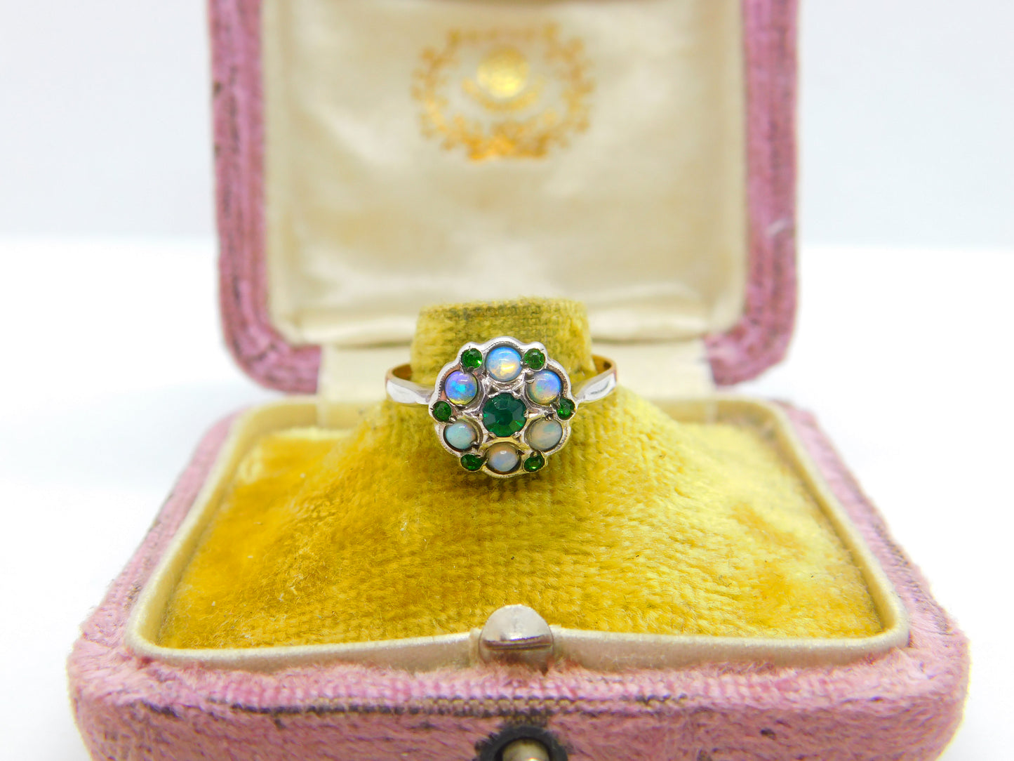 9ct Yellow Gold, Water Opal & Emerald Paste Set Floral Cluster Ring Antique