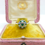 9ct Yellow Gold, Water Opal & Emerald Paste Set Floral Cluster Ring Antique