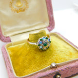 9ct Yellow Gold, Water Opal & Emerald Paste Set Floral Cluster Ring Antique