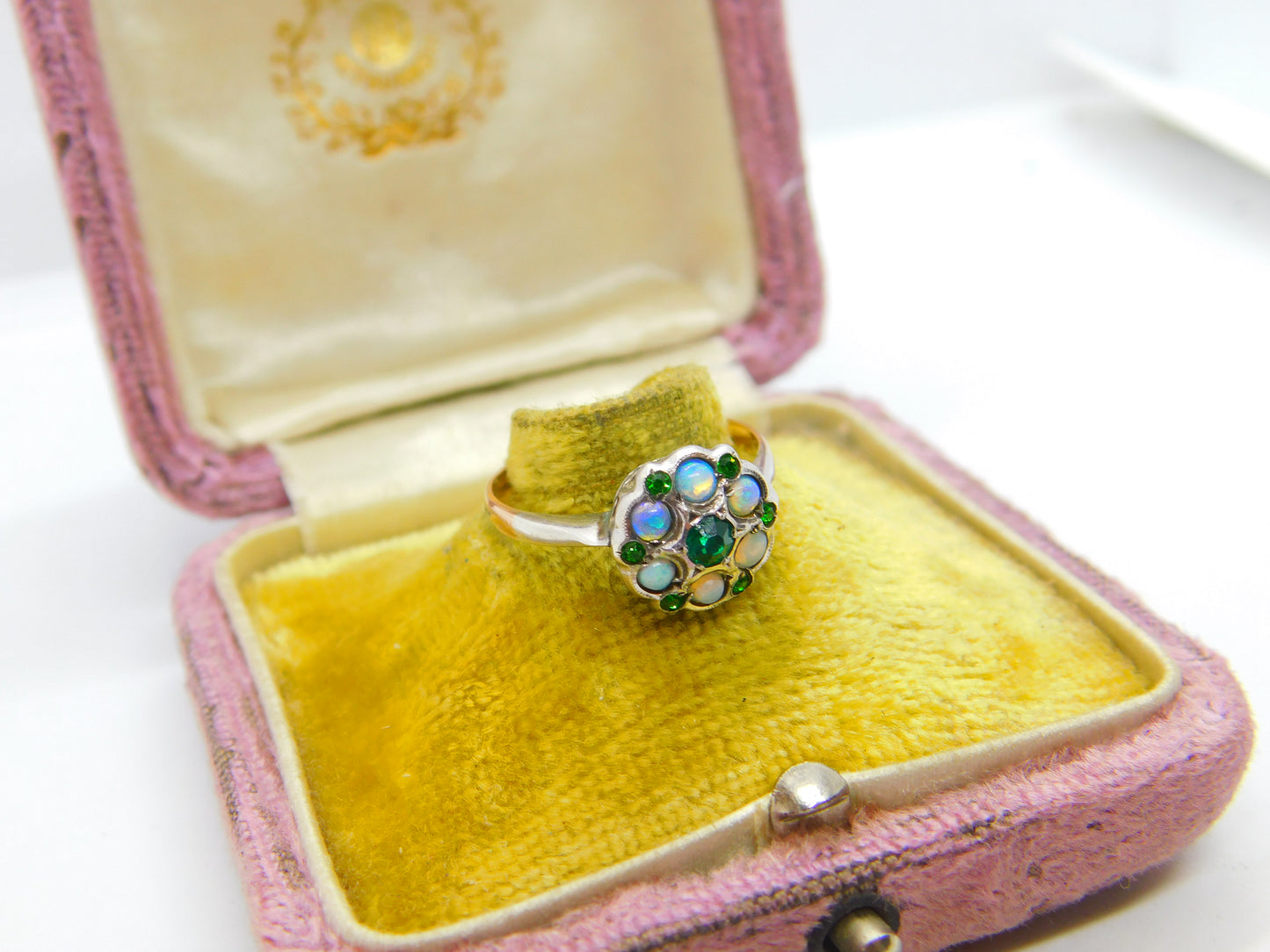 9ct Yellow Gold, Water Opal & Emerald Paste Set Floral Cluster Ring Antique