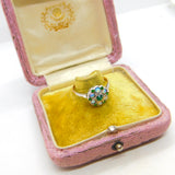 9ct Yellow Gold, Water Opal & Emerald Paste Set Floral Cluster Ring Antique