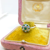 9ct Yellow Gold, Water Opal & Emerald Paste Set Floral Cluster Ring Antique