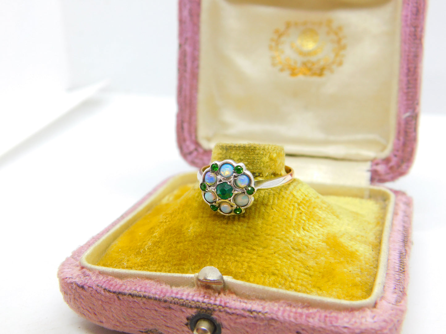 9ct Yellow Gold, Water Opal & Emerald Paste Set Floral Cluster Ring Antique