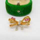 9ct Yellow Gold, Ruby & Diamond Bow Form Brooch Pin Vintage c1980