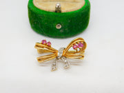 9ct Yellow Gold, Ruby & Diamond Bow Form Brooch Pin Vintage c1980