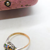9ct Yellow Gold, Water Opal & Emerald Paste Set Floral Cluster Ring Antique