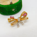 9ct Yellow Gold, Ruby & Diamond Bow Form Brooch Pin Vintage c1980