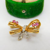 9ct Yellow Gold, Ruby & Diamond Bow Form Brooch Pin Vintage c1980