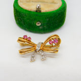 9ct Yellow Gold, Ruby & Diamond Bow Form Brooch Pin Vintage c1980