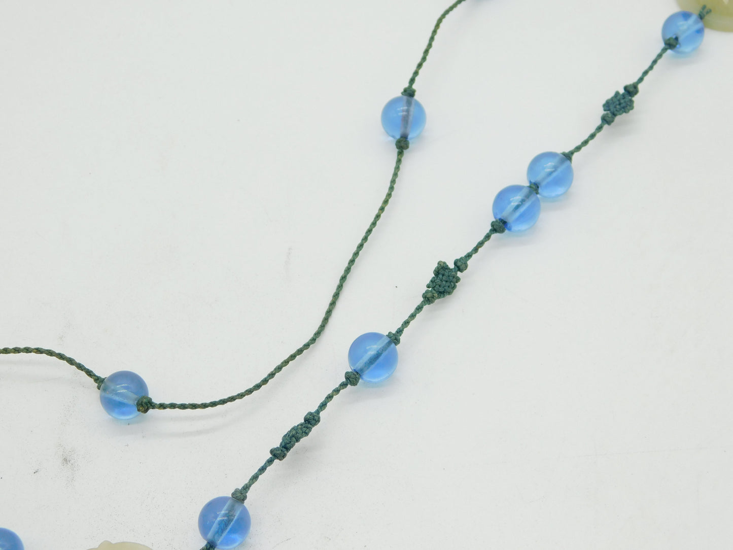 19th Century Large Chinese Carved Green Jade Blue Glass Necklace Antique c1890
