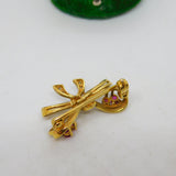 9ct Yellow Gold, Ruby & Diamond Bow Form Brooch Pin Vintage c1980