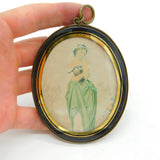 Victorian Rolled Gold Black Enamel Mourning Watercolour on Card 1841 Antique