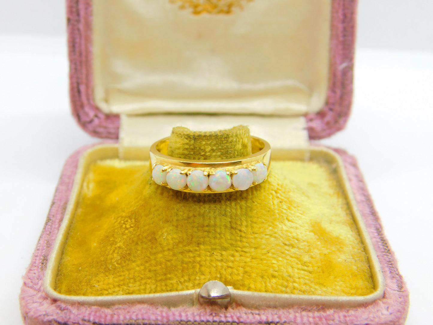 18ct Yellow Gold & Fire Opal Set Half Eternity Band Ring Antique c1930 Art Deco