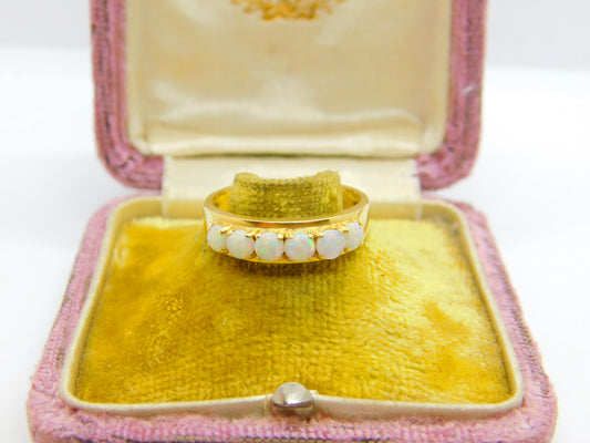 18ct Yellow Gold & Fire Opal Set Half Eternity Band Ring Antique c1930 Art Deco