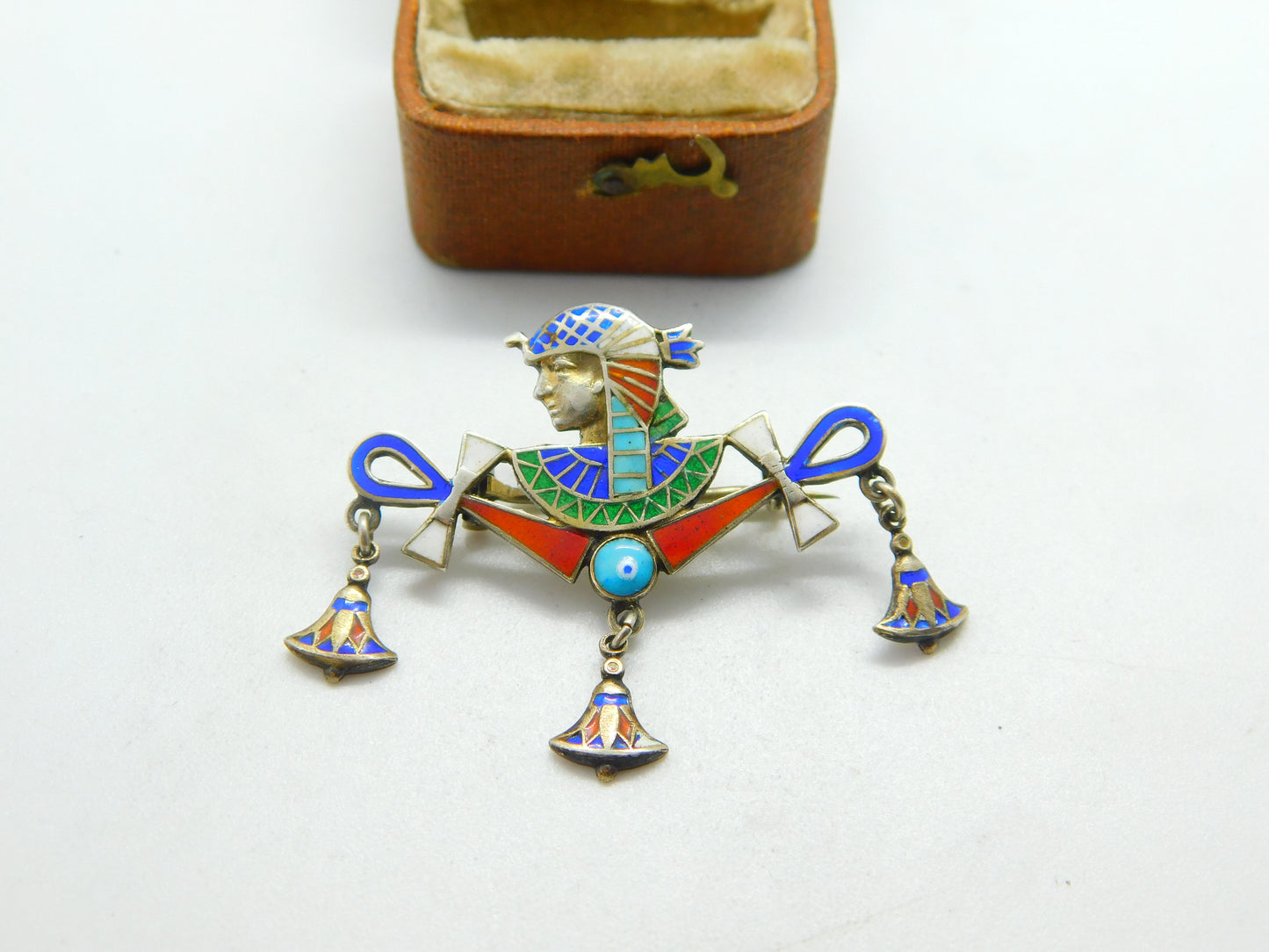 Egyptian Silver & Enamel Ankh Pharaoh Souvenir Brooch c1900 Antique Victorian