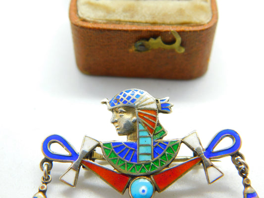 Egyptian Silver & Enamel Ankh Pharaoh Souvenir Brooch c1900 Antique Victorian