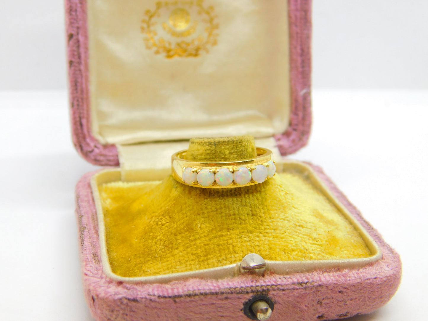 18ct Yellow Gold & Fire Opal Set Half Eternity Band Ring Antique c1930 Art Deco