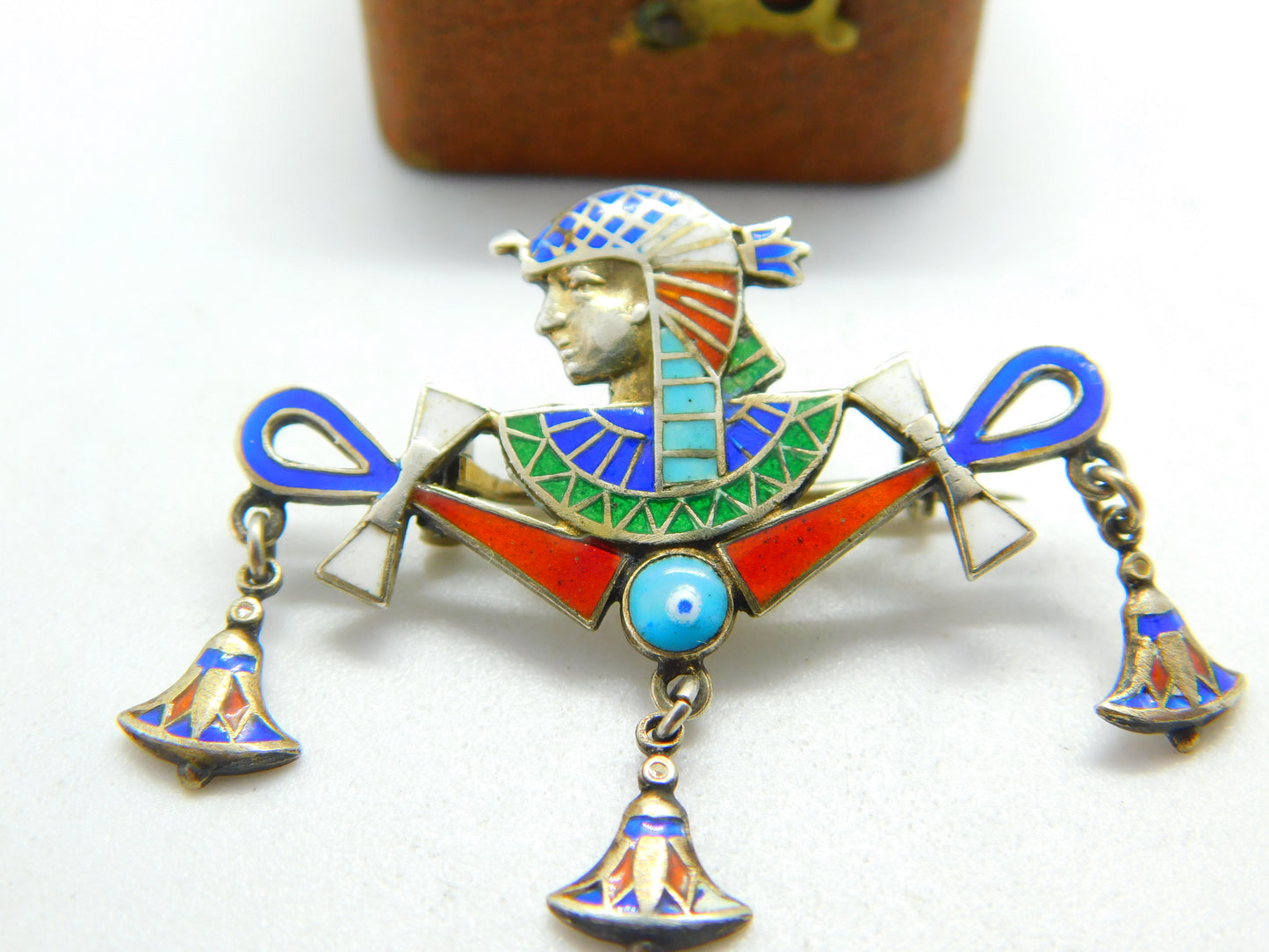 Egyptian Silver & Enamel Ankh Pharaoh Souvenir Brooch c1900 Antique Victorian