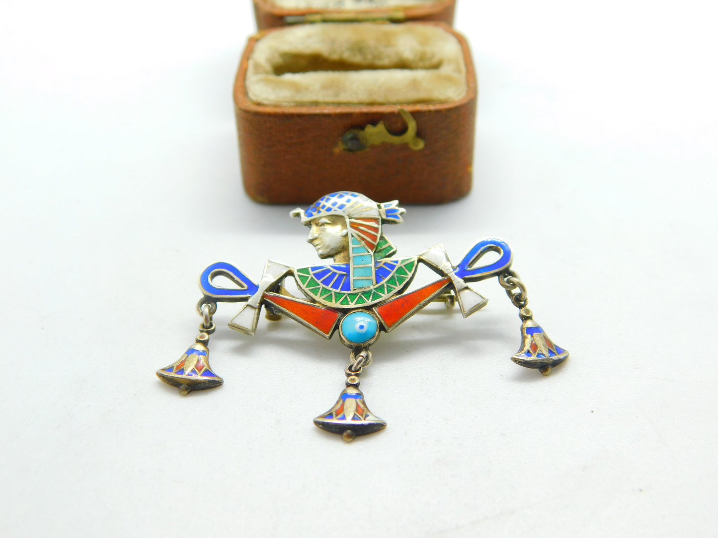 Egyptian Silver & Enamel Ankh Pharaoh Souvenir Brooch c1900 Antique Victorian