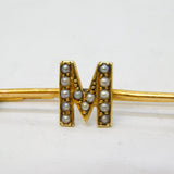 Edwardian 15ct Yellow Gold & Seed Pearl 'M' Initial Brooch Antique 1906 Chester