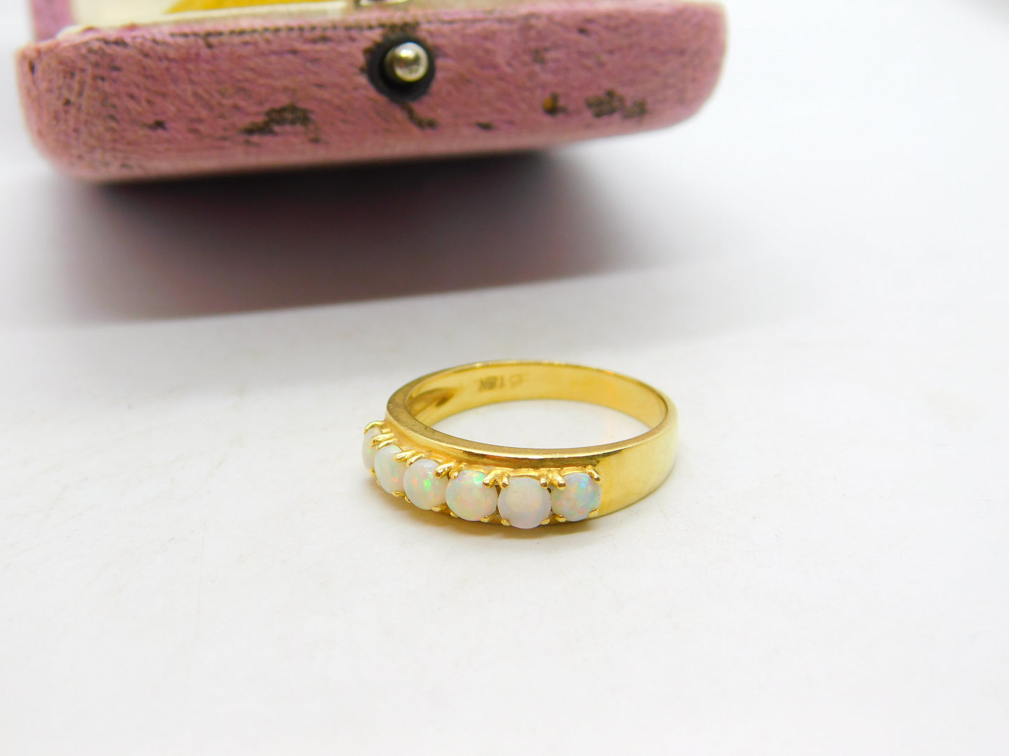 18ct Yellow Gold & Fire Opal Set Half Eternity Band Ring Antique c1930 Art Deco